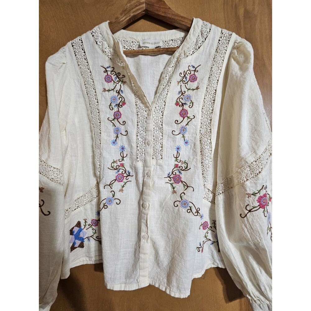 Jennifer & Grace Embroidered Lace Blouse Size Xl Cream Cotton Cottagecore